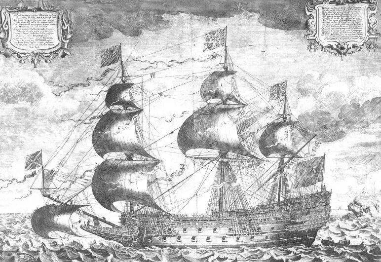A black and white drawing of a large ship floating on a body of water with large waves. The ship has three tall masts, seven sails, and five large flags. There is one flag flying on top of each of the masts and at the front and back of the ship.