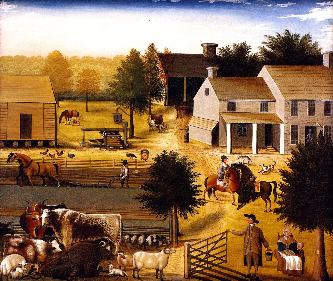 A colored painting of a farm yard. Scattered around the farm yard are small groups of white men, women, and children interacting with horses, cows, chickens, sheep, turkeys, dogs, and cats. A Black man is seen pushing a plow behind a team of two horses on the painting's left-hand side. To the right of the people and farm animals is a two-storied house and barn.