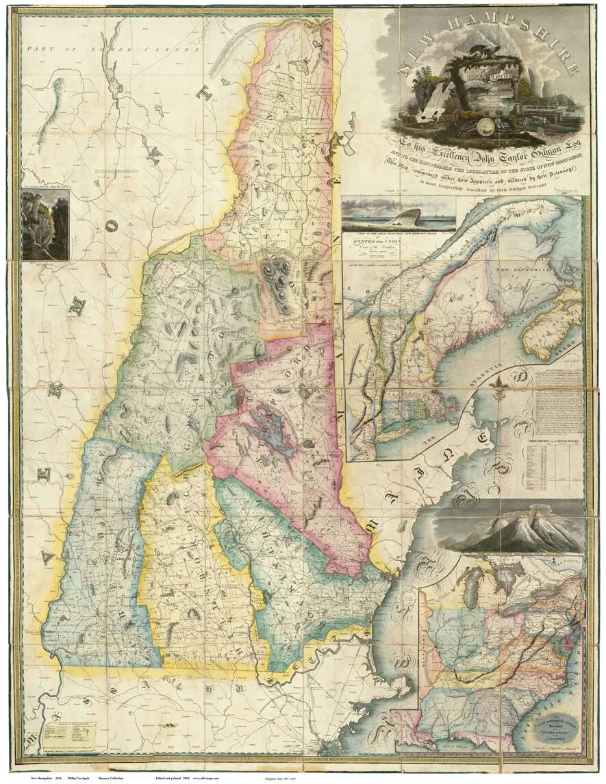 In this historic map of New Hampshire, the seven counties of New Hampshire are different colors and labeled. On the state's borders, Lower Canada, Massachusetts, Maine, and Vermont are labeled. All towns are outlined, and some are labeled. Rivers and bodies of water are noted. The title "Map of the State of New-Hampshire" is in the upper left corner; the words circle a drawing of the sun rising over a water scene.
