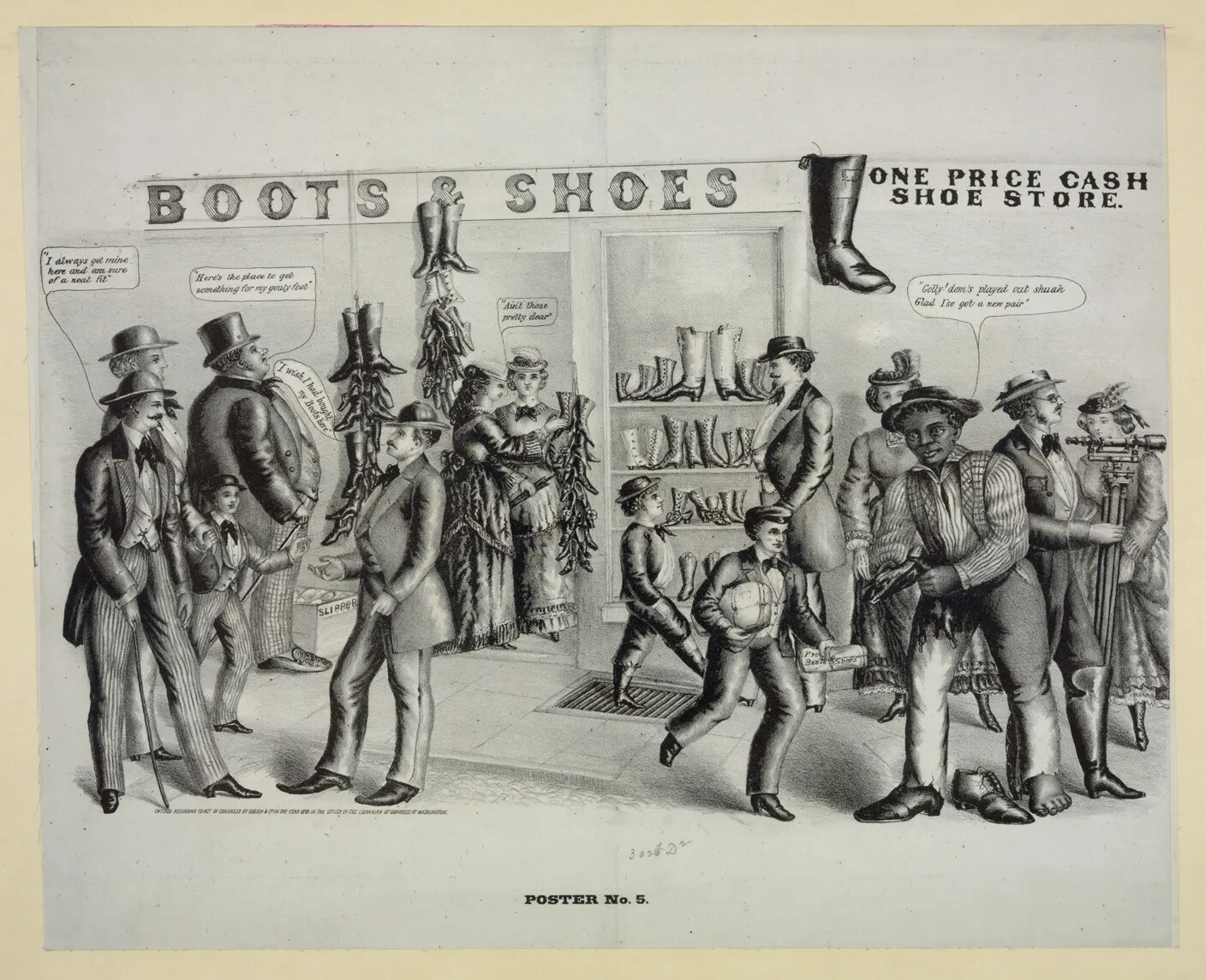 A black and white drawing of a large group of people looking at tall boots and shoes. Some of the people have speech bubbles positioned near their mouths. A sign that hangs along the upper border of the drawing reads: "BOOTS & SHOES ONE PRICE CASH/SHOE STORE."