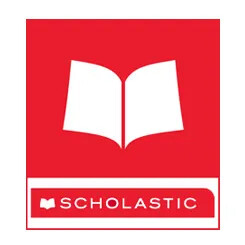 Scholastic logo with open book on red background.