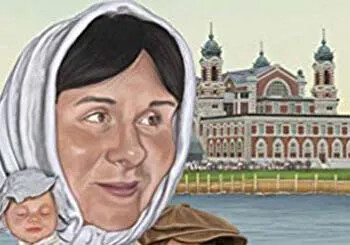 An immigrant woman with a baby in front of Ellis Island.