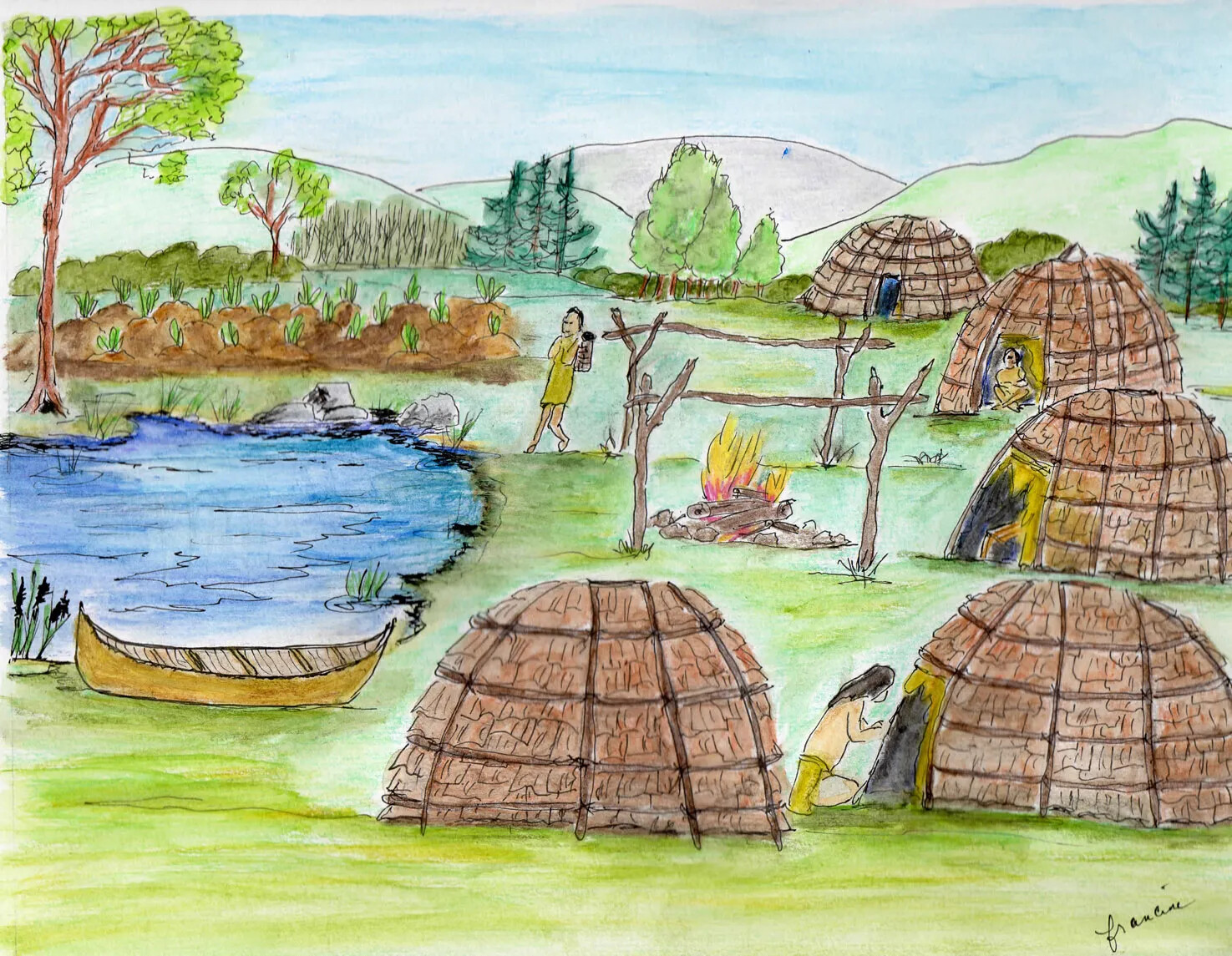 A colored drawing of a group of people in a village. Some of the people wear yellow pieces of cloth over the lower halves of their bodies and others wear yellow dresses. There are domed buildings placed in a semi-circle around the village. At the center of the village is a large fire pit, with two wooden racks hanging over the fire. The village is placed near a small body of water, which is shown on the left side of the drawing. A canoe sits on the shoreline just before the water.