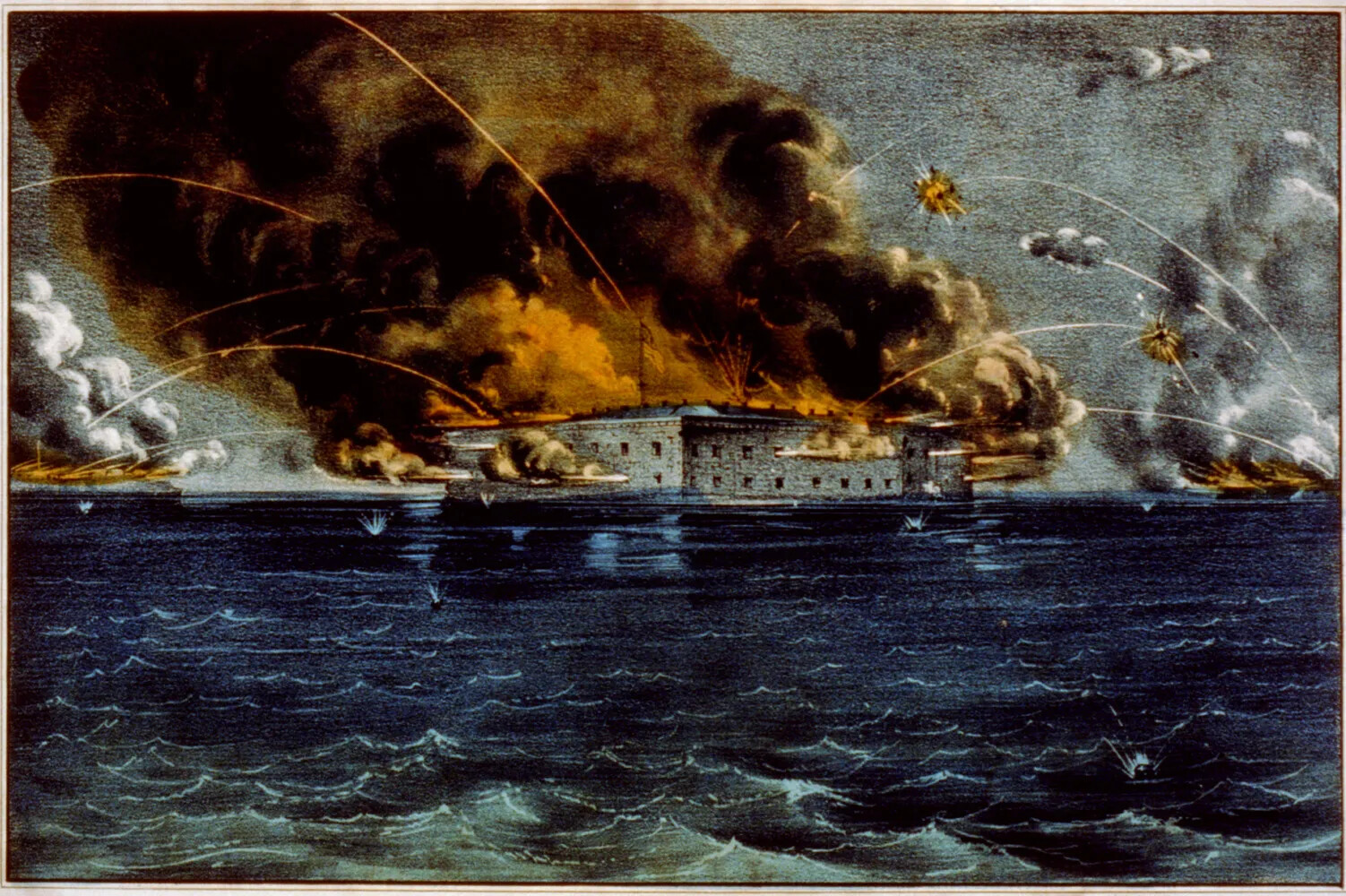 A colored drawing of a two-storied building surrounded by water. The building is being attacked with explosive devices from ships floating in the water.