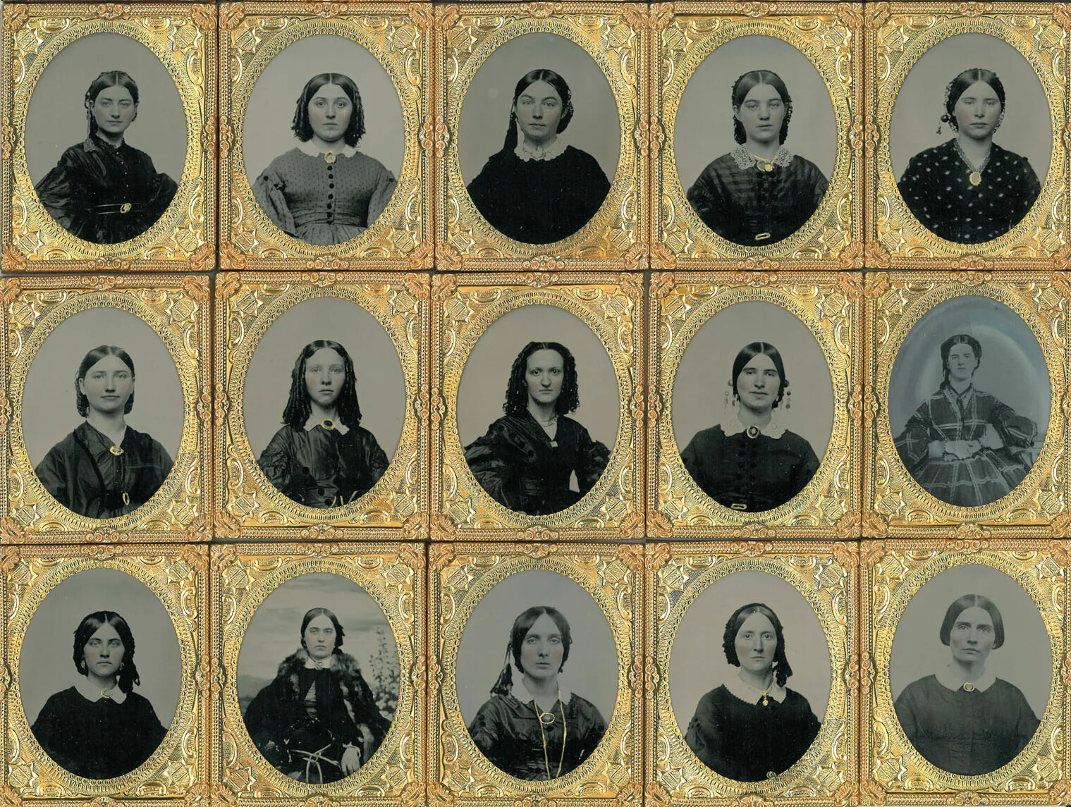 A collection of fifteen individual black and white photographs of women, each enclosed in connecting gold oval frames, five photographs by three photographs. All of the women wear their hair parted down the middle and drawn up in the back, and wear dark-colored dresses of different styles.