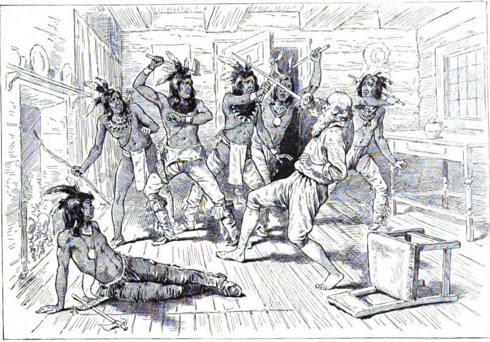 A black and white drawing of a fight between a group of men with long hair, feathered headresses, no shirts, and long pants and an older man with no hair, a long beard, a long-sleeved shirt, knee-length pants, and bare feet. The older man holds up a sword and the group of men all hold axes. The fight takes place inside a room with wood-panelled walls, a table in the upper right corner, and knocked-over chair in the lower right corner, and a fireplace along the left-side wall.