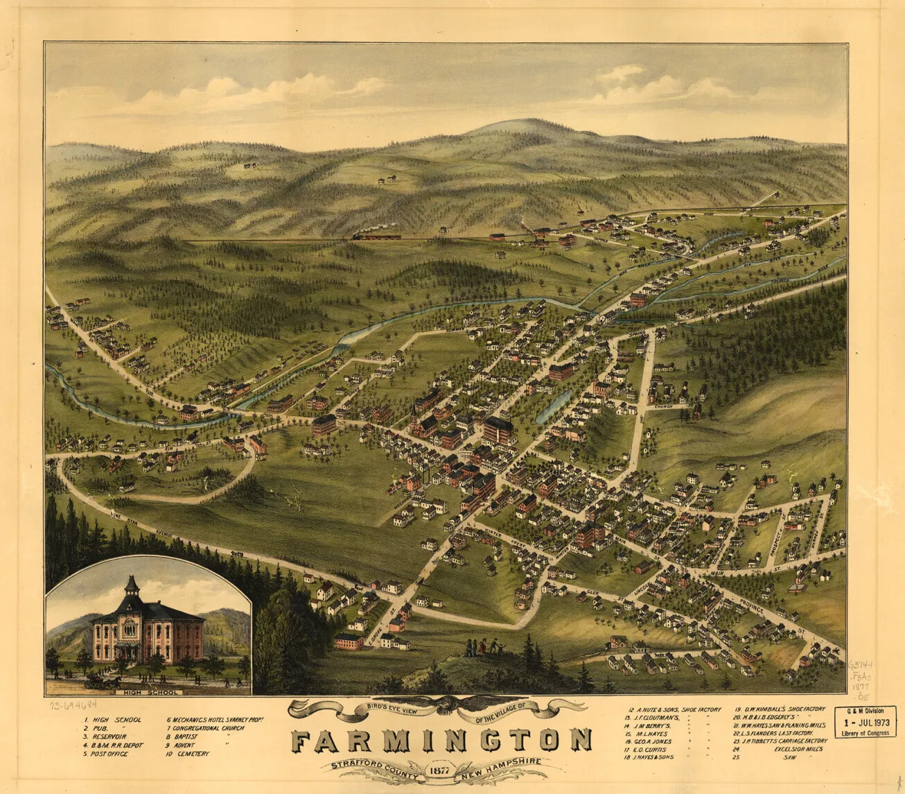 A colored bird's-eye-view of a town. The town has several red-colored buildings and small white houses which dot white roads and a green landscape.
