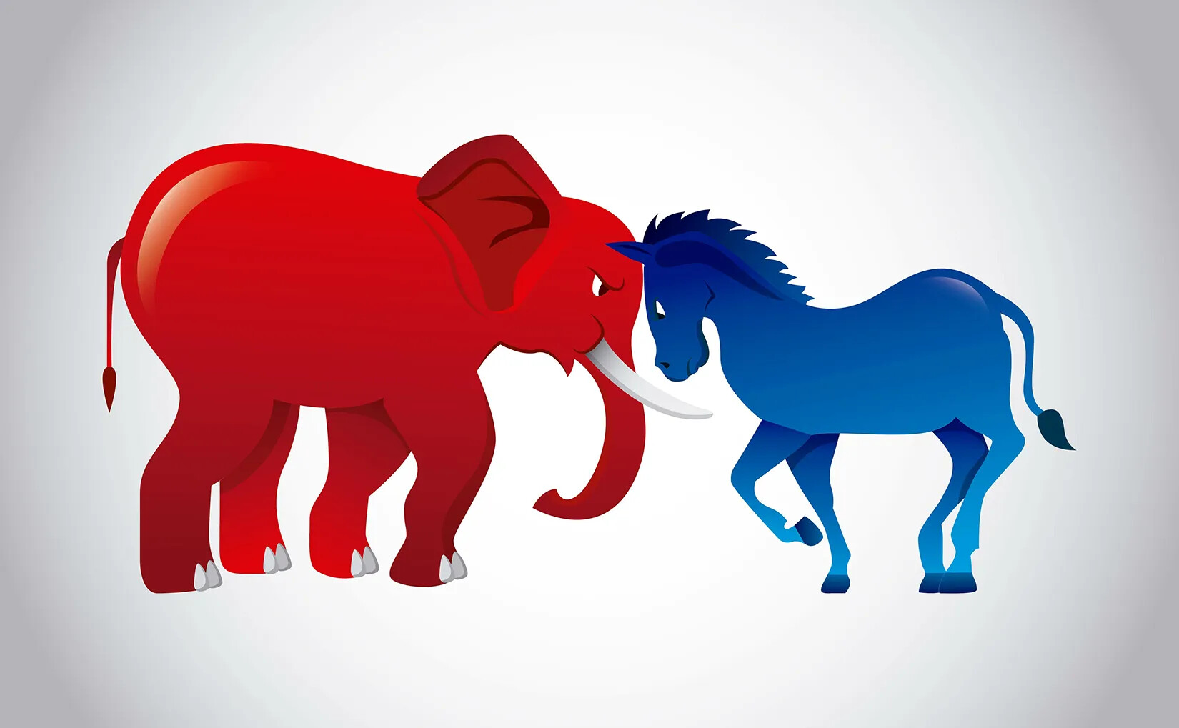 A colored drawing of a an elephant and a donkey with their heads pressed against each other. The elephant is colored in red and the donkey is colored in blue.