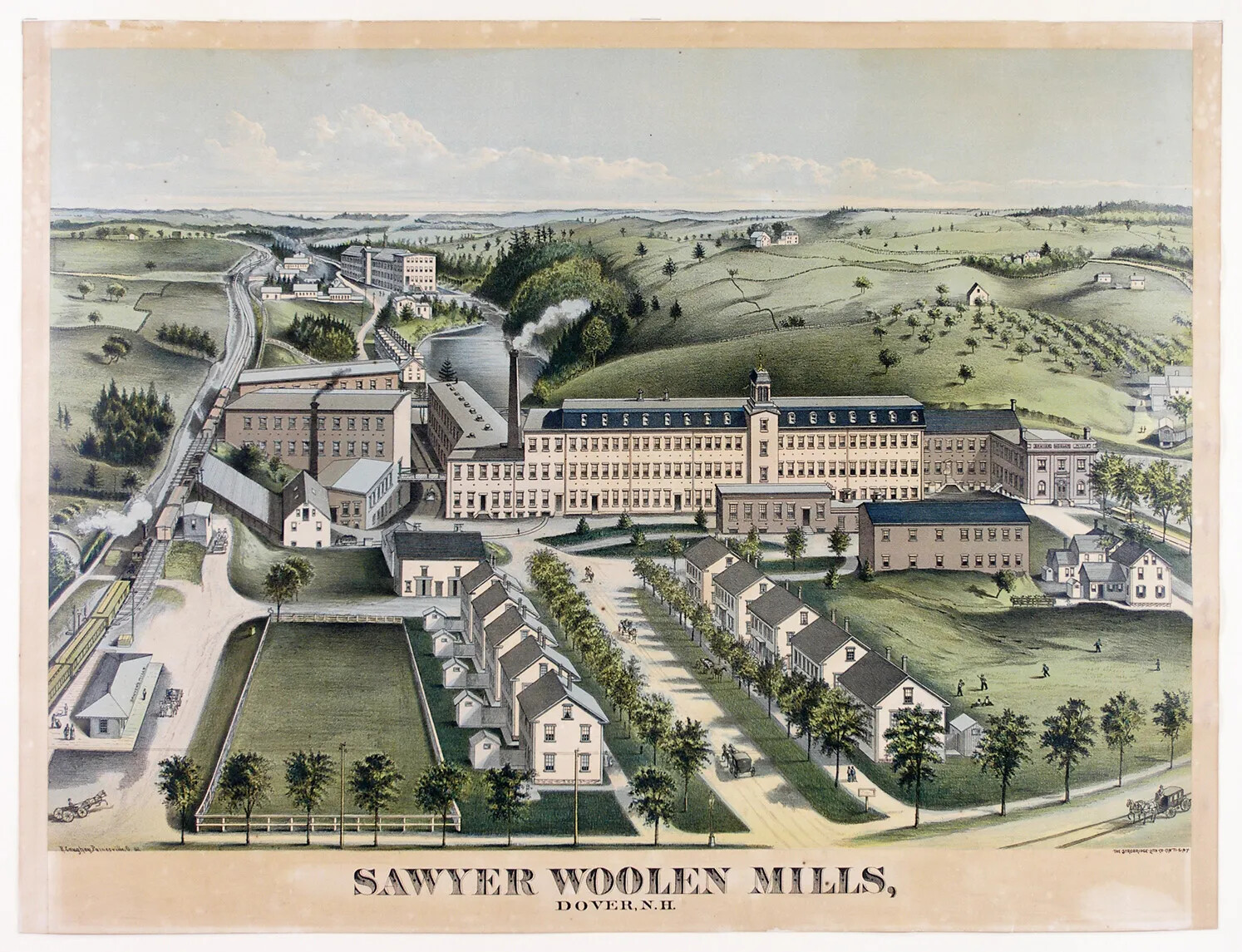 A colored watercolor painting of several large buildings and small houses in the middle of a large, open green field. Behind the large buildings is a river and to its left  is a railroad track. The houses are in two rows in front of the large buildings and face each other. A road with several people in carriages is in front of the houses. Beneath this image is the title of the painting, which reads "SAWYER WOOLEN MILLS/DOVER, N.H."