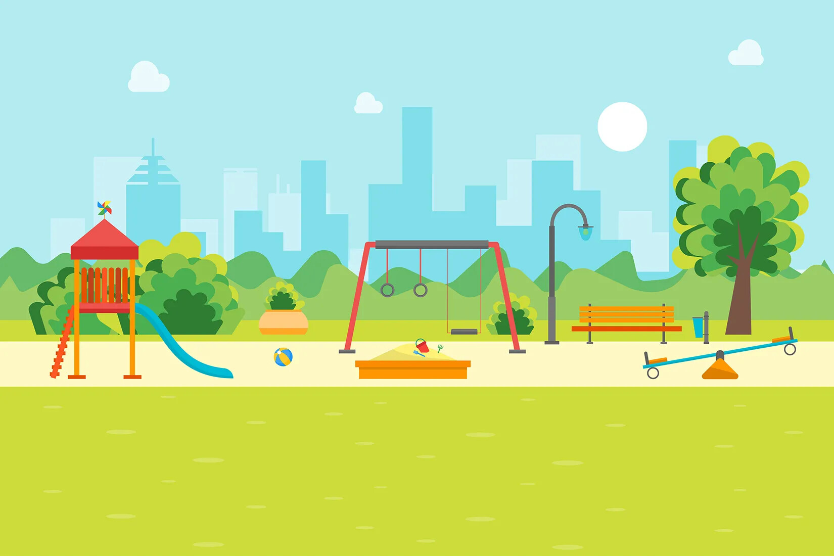 A colored cartoon drawing of a playground, with a play strucutre, sandpit, swings, and see-saw. In the background are several skyscrapers and trees.