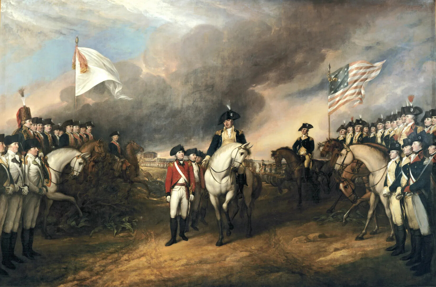 A colored painting of a man riding a white horse, as he rides through a path lined with men, either standing and on horse-back, who are all dressed in tri-corner hats, long blue coats, white pants, and tall black boots. The man on the horse also wears this outfit. Three men wearing red coats and white pants walk in a line next to the man on the white horse at the center of the painting. A flag with white and red stripes and a blue square in its upper left-hand corner flies above the men standing on the right side of the painting and a white flag with a red sash flies above the men standing on the left side of the painting.