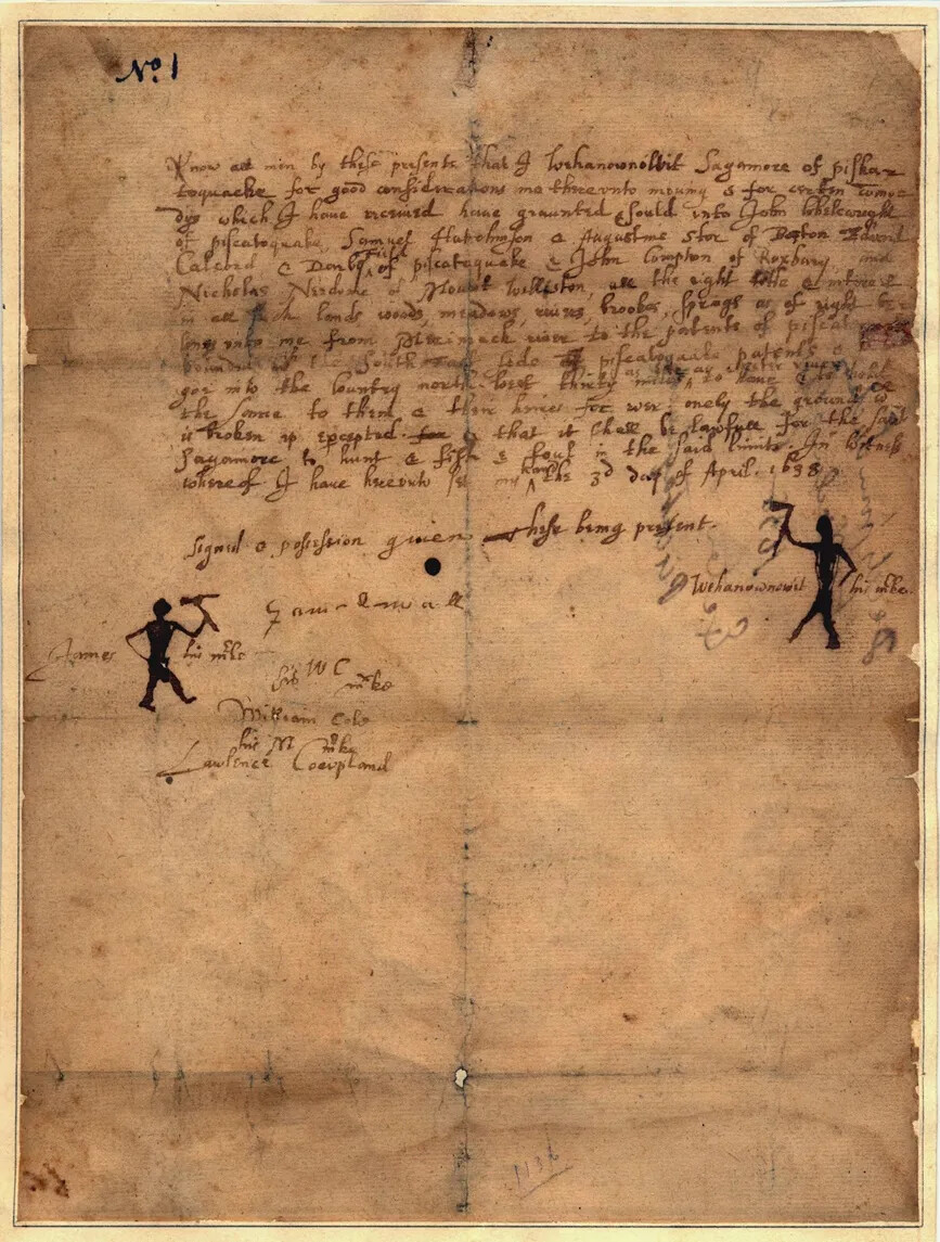 A vertical document with hand-written text. The text is written in black ink on browning paper. The bottom of the document features two drawings of men holding axes.