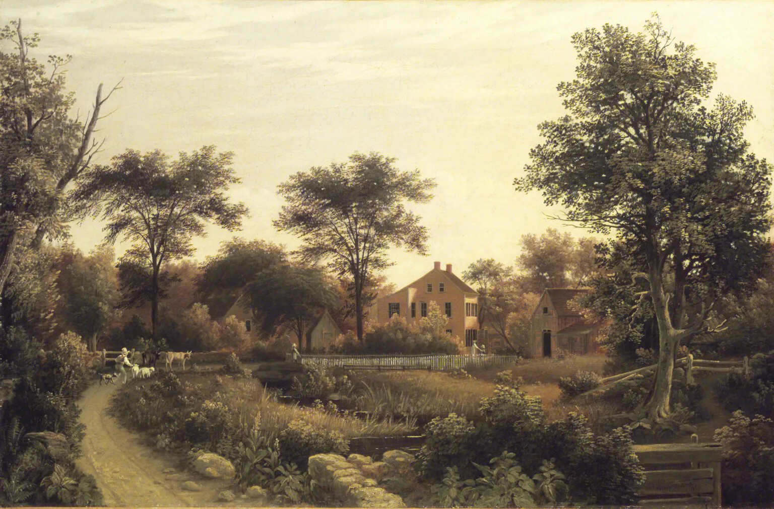 A colored painting of a three-story yellow house and barn in a wooded area. A curved dirt path leads to the house. A man, a dog, two sheep, and two cows walk along the path towards the house.