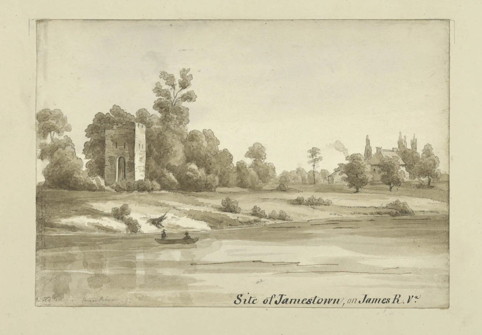 A black and white drawing of a river scene shows a canoe with two people on the river, and trees and grass lining the bank. There is a house in the distance hidden by trees, and a small stone tower closer. Text reads "Site of Jamestown, on James R.Va." 
