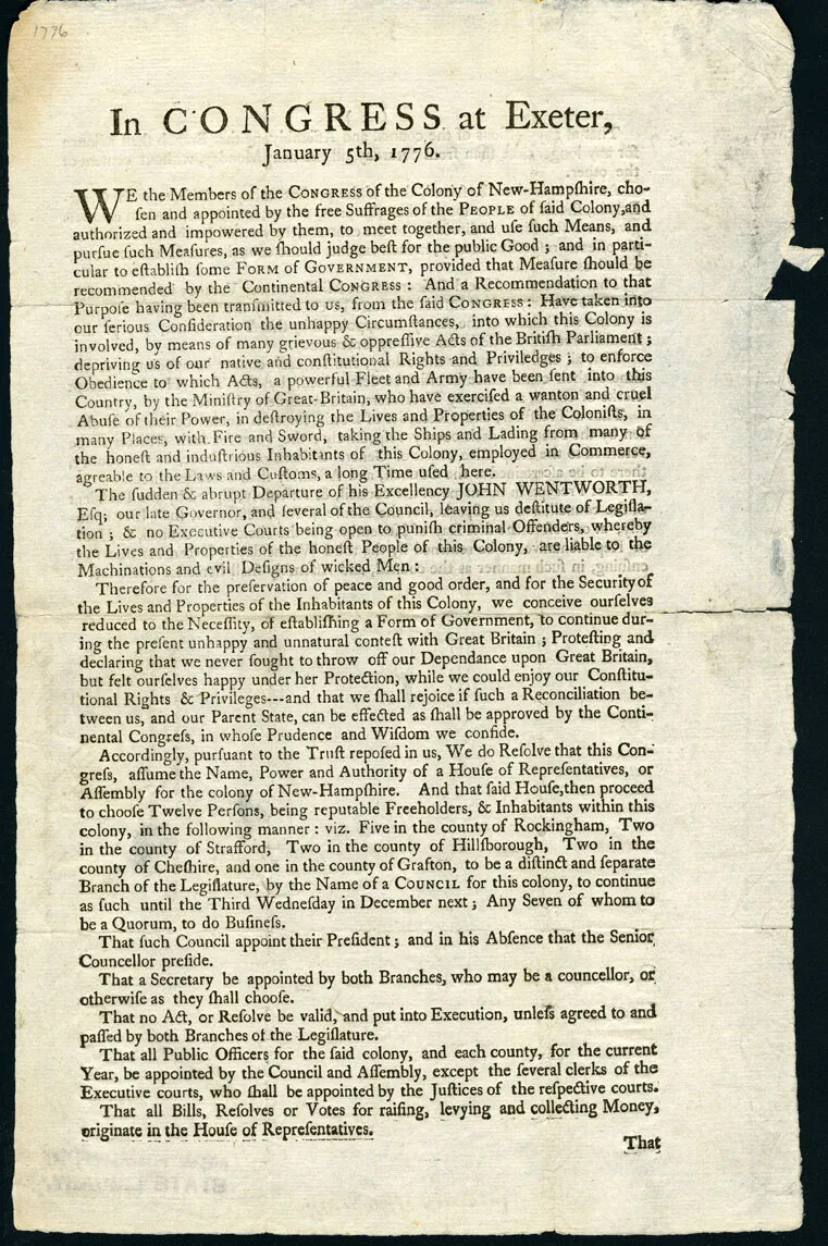 An old document with large paragraphs of black typed text. The title of the document reads: "In CONGRESS at EXETER,/January 5th, 1776."