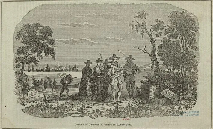 A black and white drawing of a group of men, women, and children walking away from a body of water, into a forested area. The men and children wear broad-rimmed hats, fittened jackets with buttons, knee-length pants, and buckled shoes with high stockings. The women wear long dresses and hats. Behind the group are several people in small row boats. Farther in the background are a number of large ships with tall masts. The title of the drawing, centered along the bottom border, reads "Landing of Governor Winthrop at SALEM, 1630."
