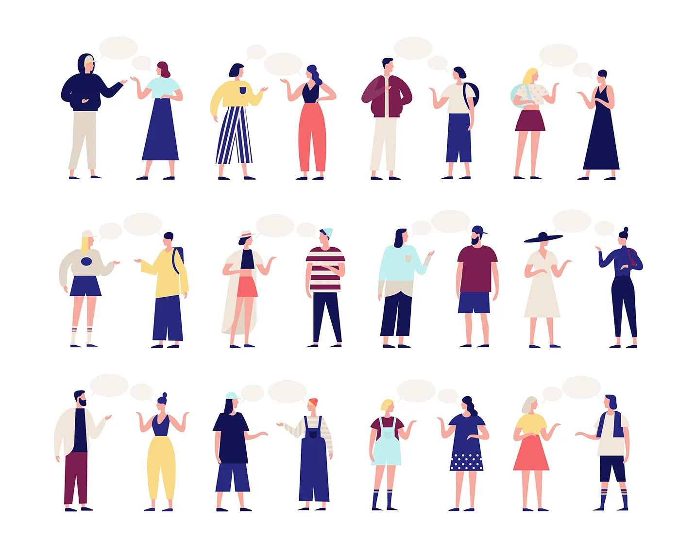 A colored cartoon drawing of three rows of people talking in pairs. Every person has either a small or large speech bubble next to their head, and they gesture to the person they are talking to.