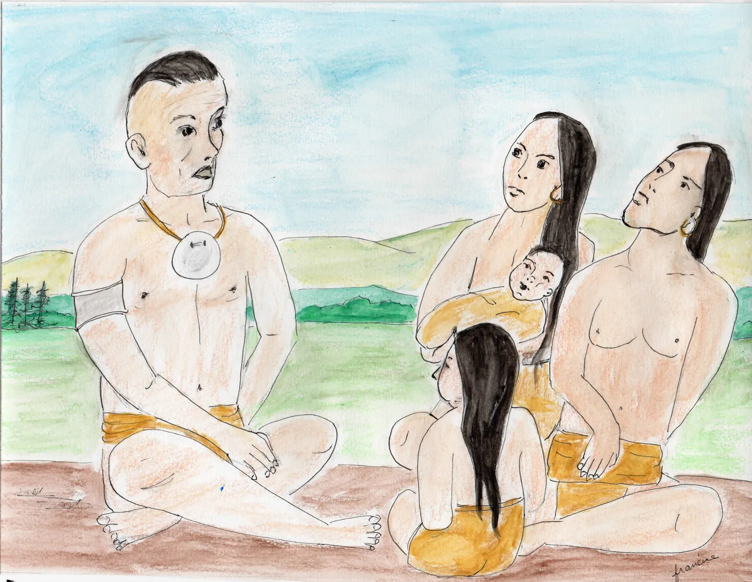 A colored drawing of a group of people - three adults, a child, and a baby - sitting together. They all wear yellow pieces of cloth over the lower halves of their bodies. The man on the left side of the drawing wears necklace with a large white shell attached to it. The other people in the drawing look at him, as if he is speaking.