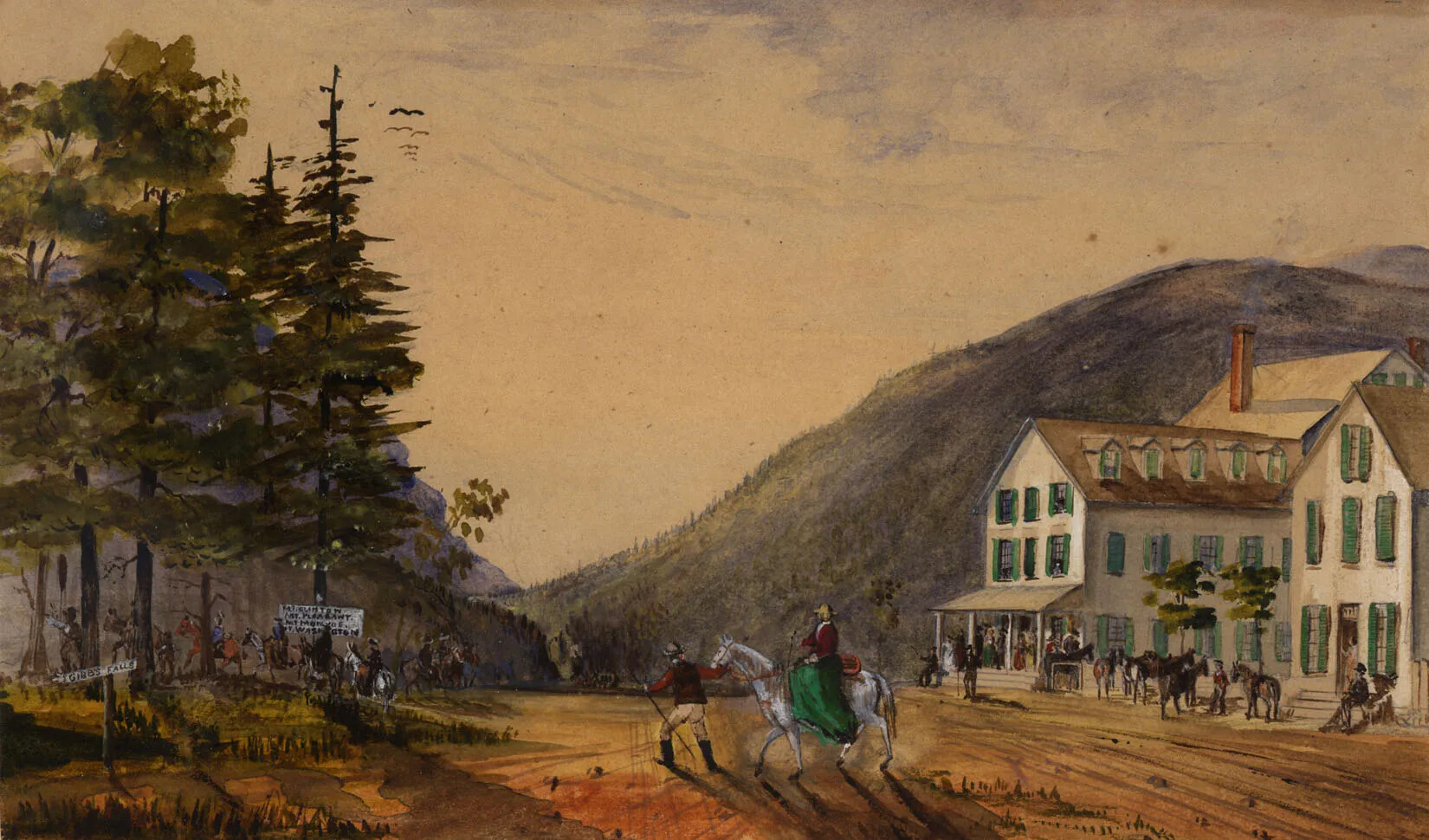 A colored painting of a large, three-storied house in an open field in the middle of a mountain range. At the center of the painting is a woman on horseback and a man leading the horse towards the left-hand side of the painting. On the left side of the painting, there is a group of men and women all on horseback, entering a forest. The house is in the right side of the painting, and has several groups of people and horses standing in front of the house or gathered on the front porch.