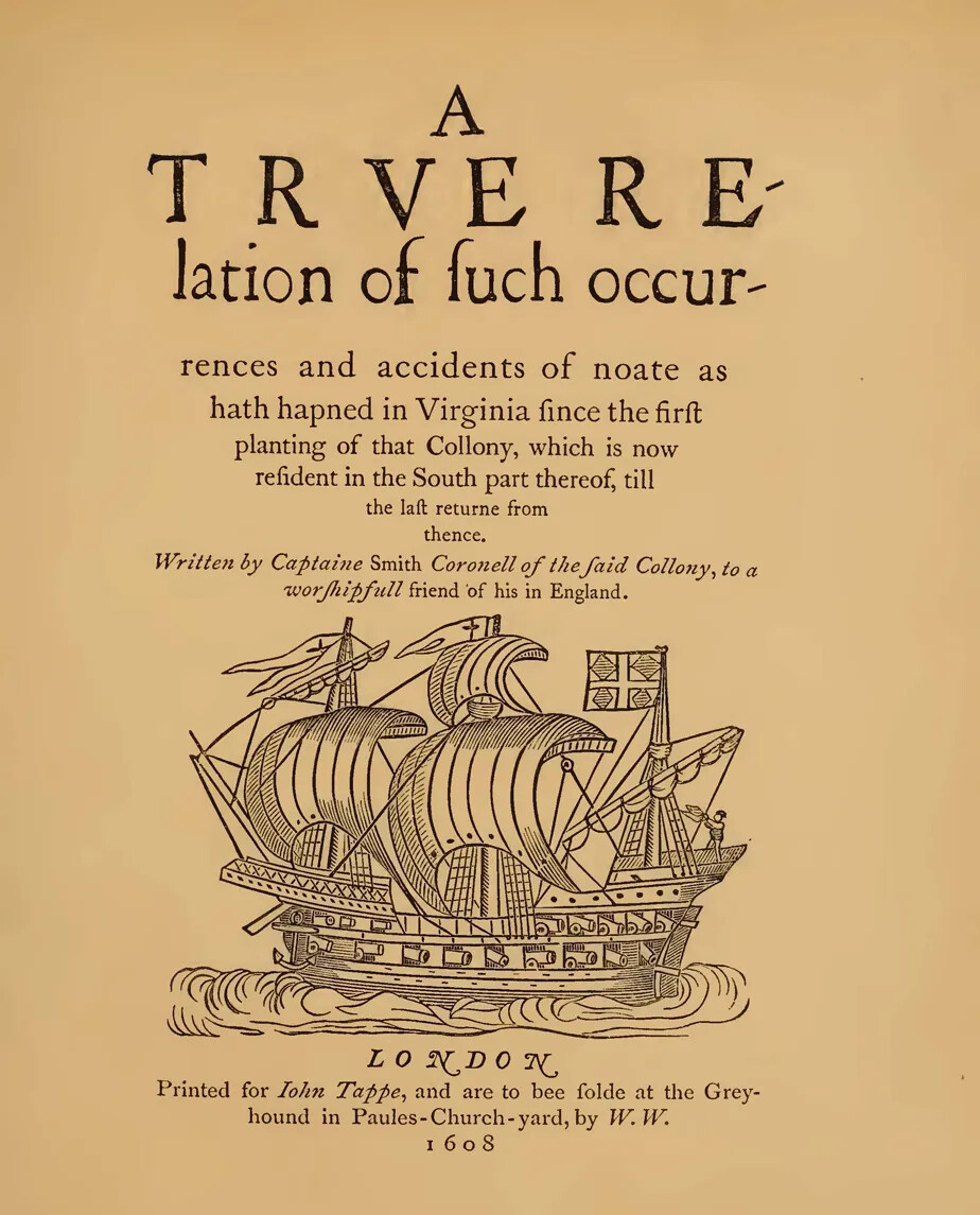 A vertical document with black text typed onto a browning piece of paper. The text is typed in different sized fonts. There is a large ship with large sails located along the bottom border of the document.