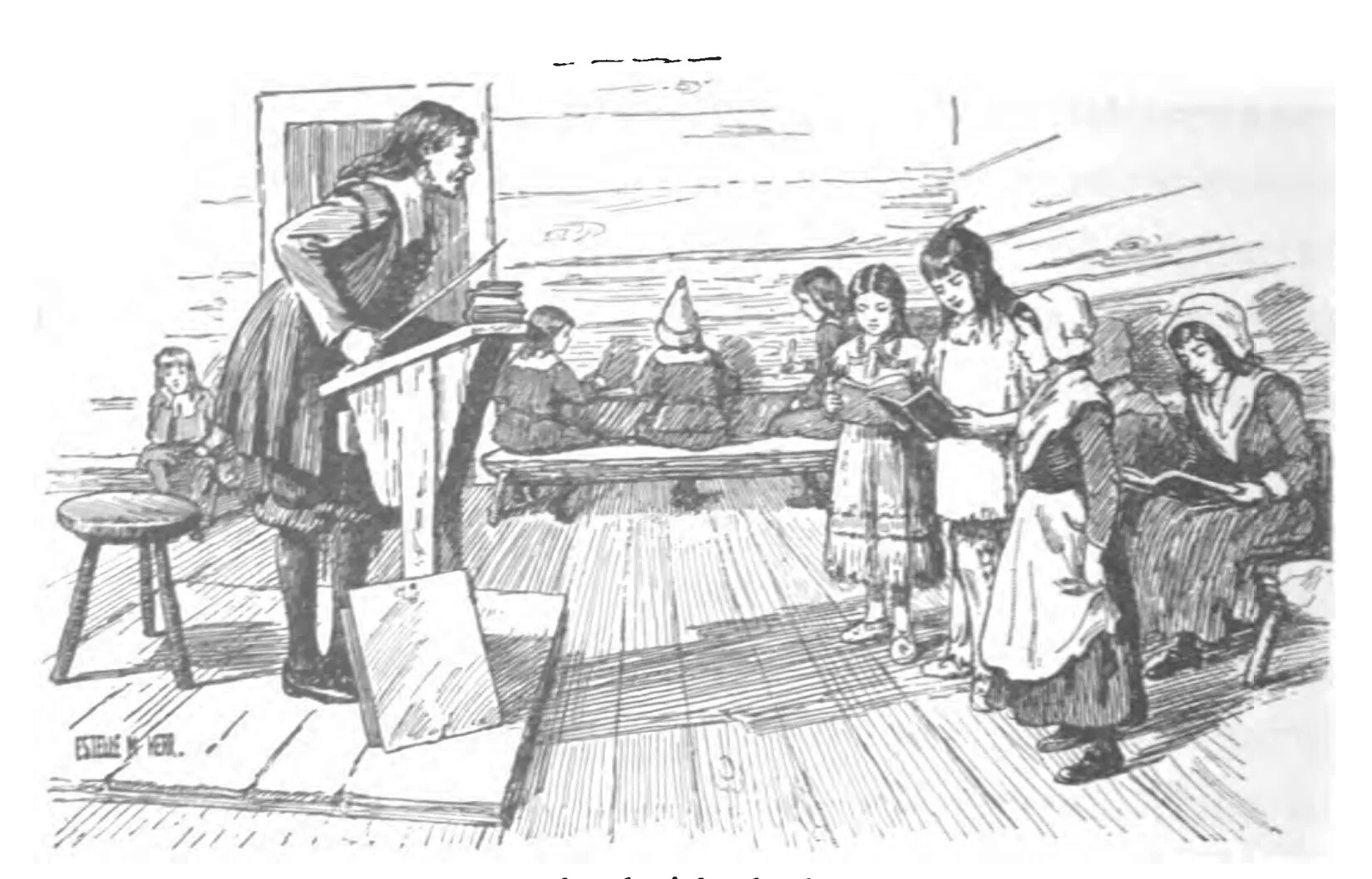 A black and white drawing of a man standing behind a podium, looking at three standing children. The man holds a stick in his hand and wears a long coat with a wide collar, knee-length pants, long stockings, and buckled shoes. There are several other children in the room, all sitting on long benches. The male children wear long coats and shirts with wide collars, knee-length pants, long stockings, and buckled shoes as well, and the female children wear long dresses and bonnets. Two of the standing children are dressed differently than the rest of the children. One wears an ankle-length dress with short sleeves and one wears a short-sleeved shirt and full-length pants.