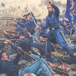 Soldiers charging in battle during the Civil War.