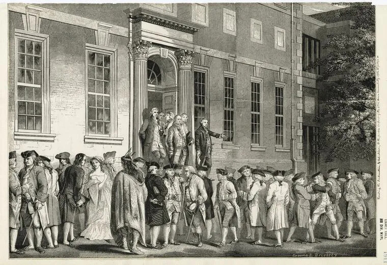 A black and white drawing of a large group of men standing outside of a multi-storied building with tall windows. They all gather in front of a small group of men, who are standing on a raised platform in front of a doorway. All of the men wear tri-cornered hats, collared shirts with vests and long coats, knee-length pants, and buckled shoes.