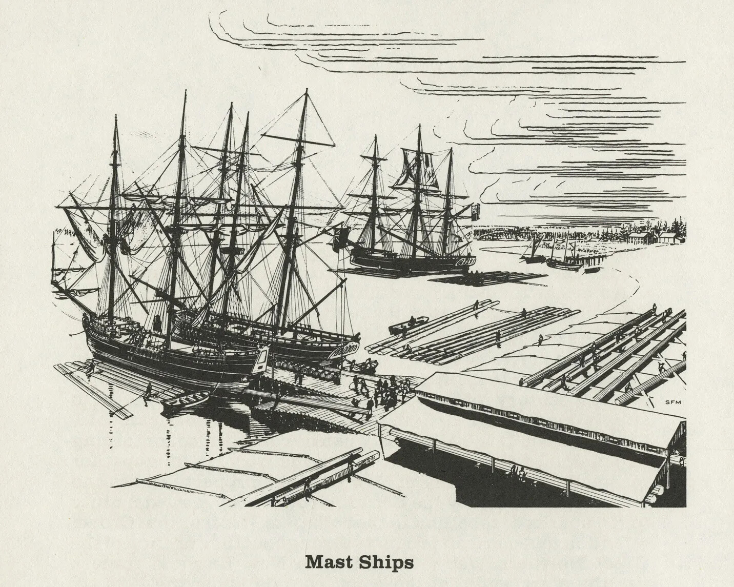 A black and white drawing of several docked tall-masted ships. There are many people standing on the dock between two of the ships. The title of the drawing, located centered along the bottom border, reads "Mast Ships."