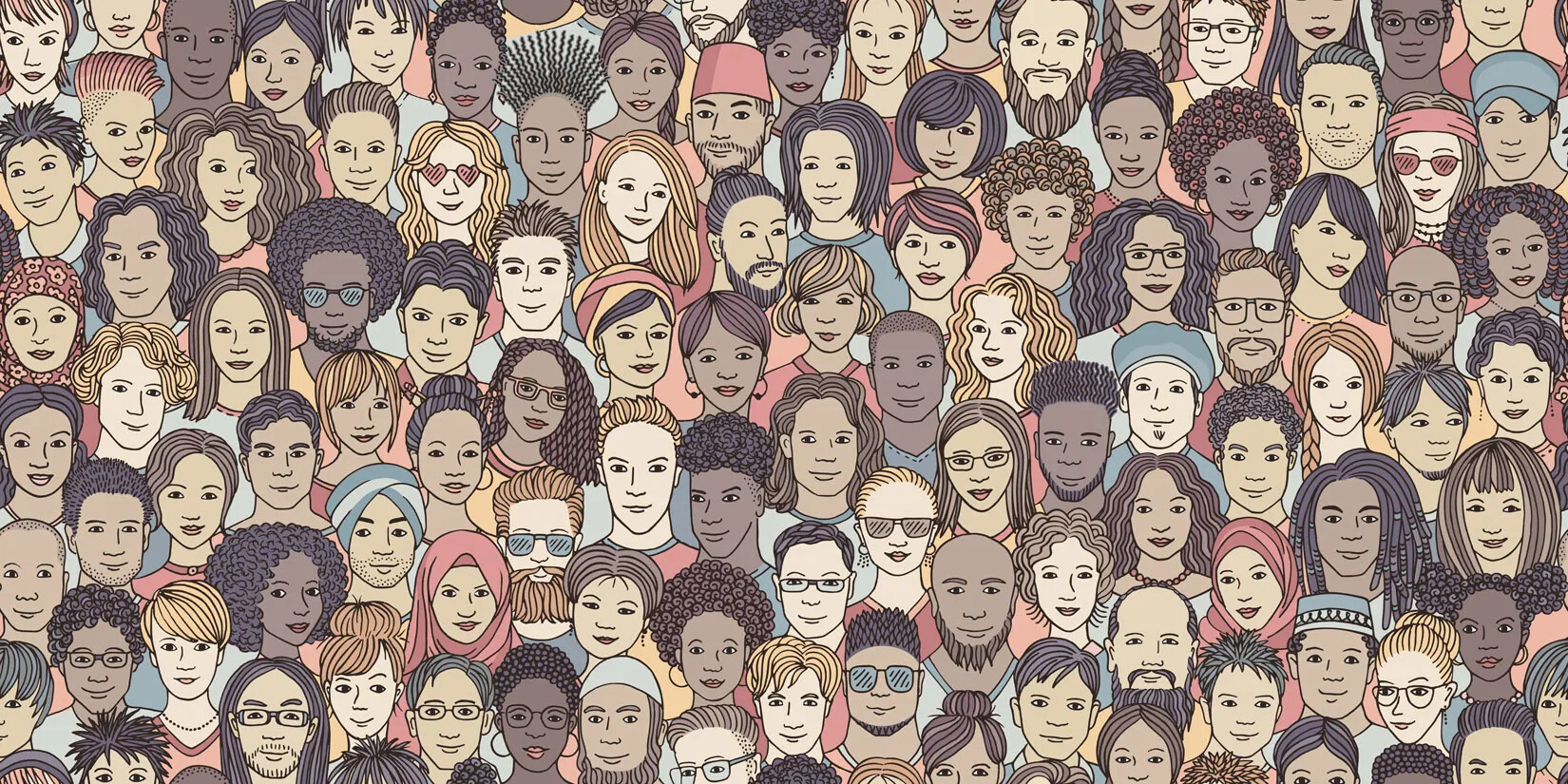 A colored cartoon drawing of the faces of a group of people, all with different skin tones, smiling at the viewer.