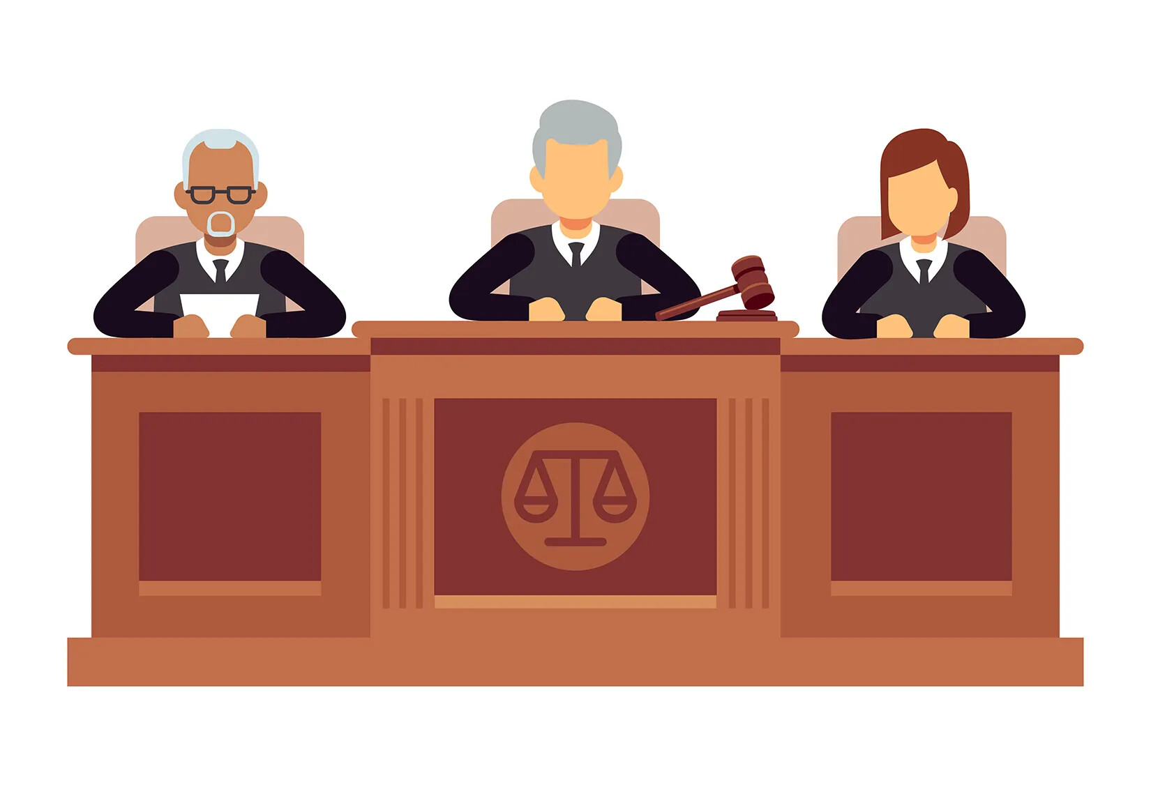 A colored cartoon drawing of three people, two men and a woman, sitting behind a high desk. The center panel of the desk has a drawing of a set of scales in a circle, and there is a gavel lying on its side next to the person sitting in the middle.