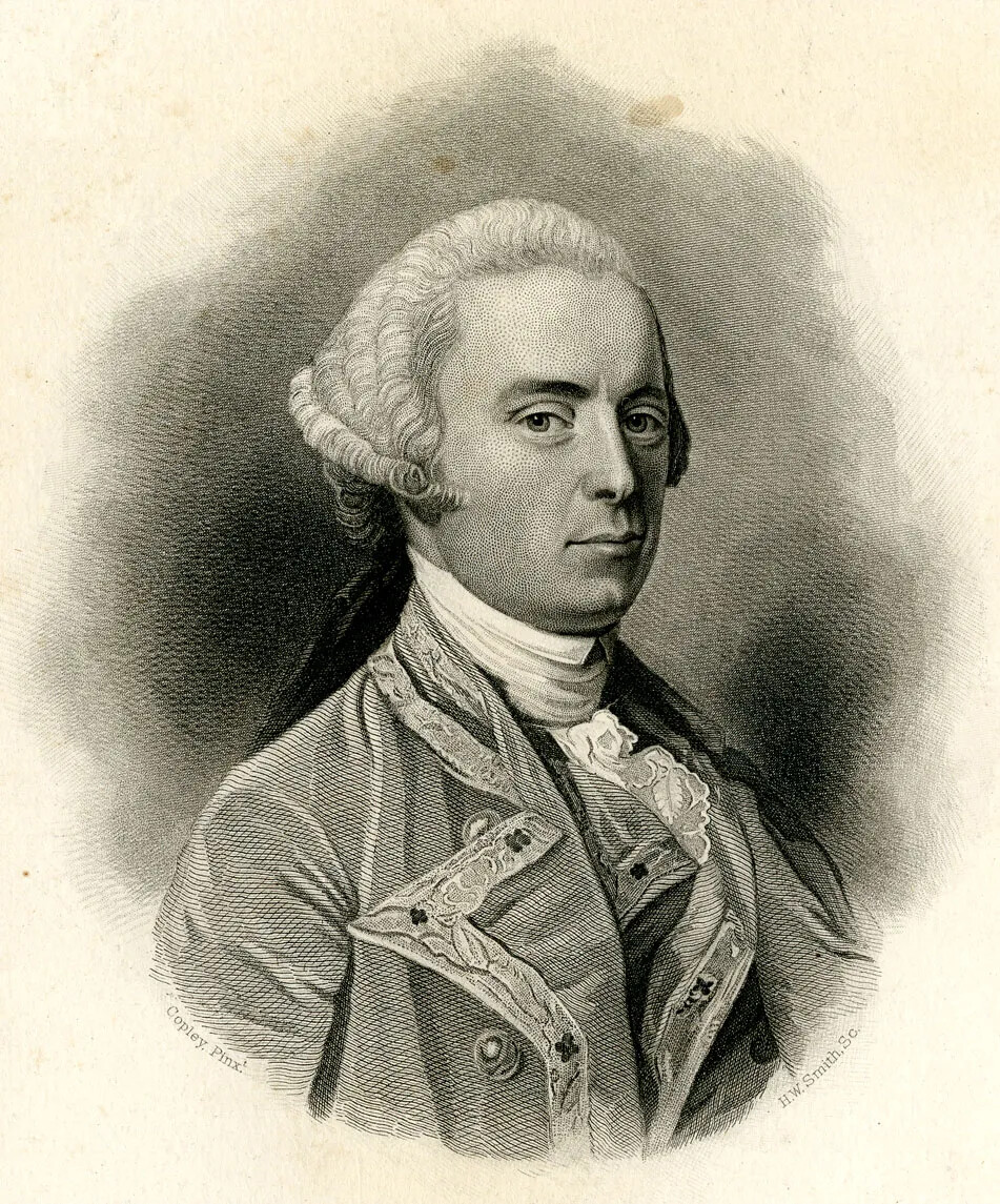 A pencil drawing of a man with a wig, facing the right and looking at the audience. He wears a high-necked white shirt and a fancy vest and coat. 