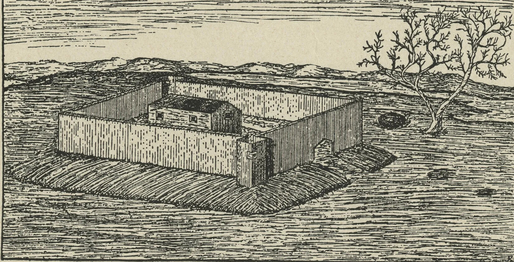 A black and white drawing of a fortress, consisting of a single-storied cabin surrounded by a tall fence made from vertical pieces of wood. The fortress is on a raised piece of land in a flat field. To the fortress' right is a single tree.