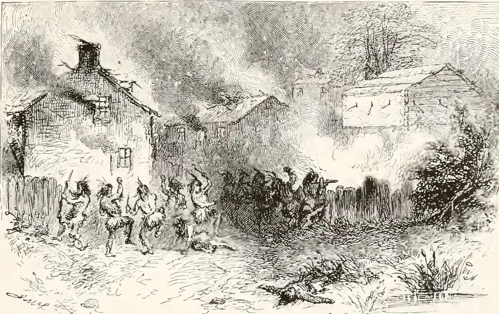 A black and white drawing of several two-storied houses on fire. Several people stand and dance on the other side of a tall fence, closest to the viewer.