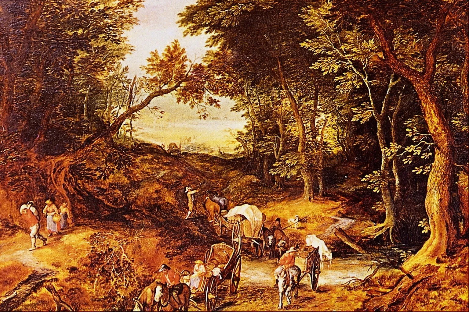 A colored painting of a dirt path through a wooded area. There are several groups of people, horse-drawn wagons, and cattle traveling on the path.