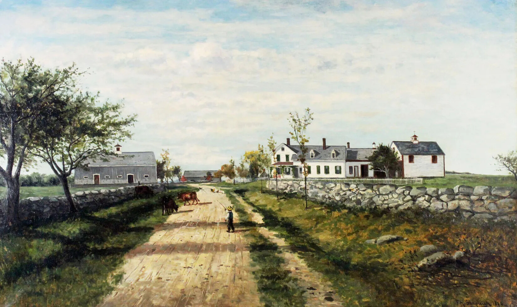 A colored painting of a white farm house to the right of a dirt road. To the left of the road is a tall gray barn. The road is lined with rock walls and small trees. A small boy in overalls walks in the center of the lane, holding a raised stick in his right hand. He walks behind two brown cows.