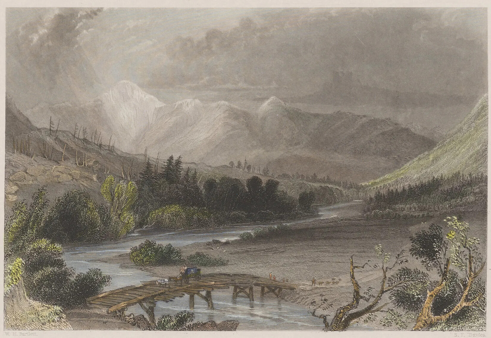 A colored drawing of a valley in the middle of a mountain range. A curvy river cuts through the valley, and is surrounded by grasslands and hills covered in trees. A horse-drawn carriage crosses the river over a wood-plank bridge.