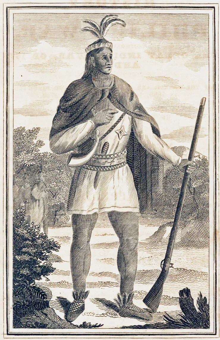 A black and white drawing of a man with long hair, starring off to the right. He is standing and wears a feathered headress, a cloak, a long-sleeved shirt, a skirt, and feathered moccasins. He holds a musket in his left hand, and holds his right hand to his chest.