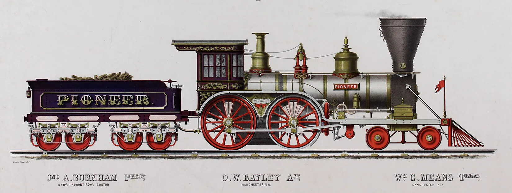 A colored drawing of a train with a large steam engine. The train is black, gray, and gold, and has red wheels.
