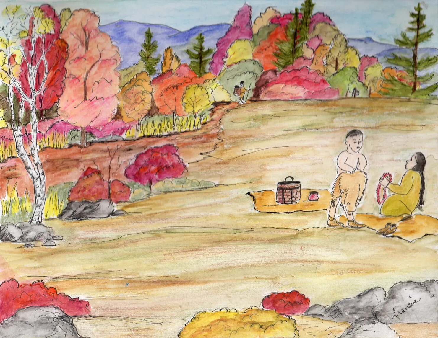 A colored drawing of a group of people hiking and having a picnic in the clearing of a wooded area. All of the trees have brightly colored leaves.