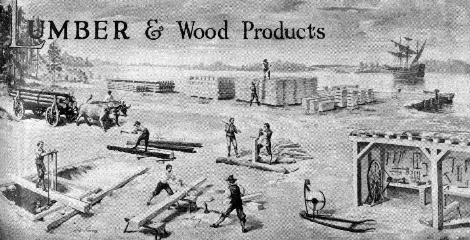 A black and white horizontal drawing of a group of men working at various jobs relating to cutting and storing pieces of wood, including splitting wood with an axe or a saw, stacking wood into rectangular blocks, and leading a team of oxen pulling a wagon of round logs. The title of the drawing, located in the upper left-hand corner, reads "LUMBER & Wood Products."
