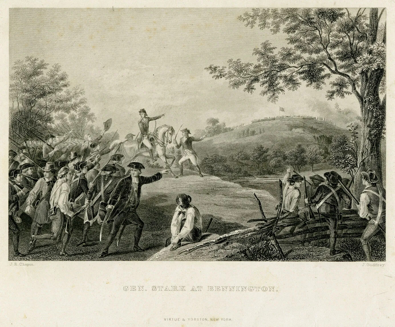 A detailed engraving shows a scene in rural country. In the center are two men with swords, one riding a horse and one holding it. Both are pointing to the right and looking to the left. To their left are a crowd of men, some in uniforms and some in farmer-like clothing, but all with weapons. They look towards the men in the middle and raise their swords. On the right of the men in the middle are trees and a hill far away. On top of the hill is a flat building with a flag on it and some small figures. In the foreground are several men climbing over a fence pointing to the hill. They are also armed, and seem to be joining the crowd of men on the left.   