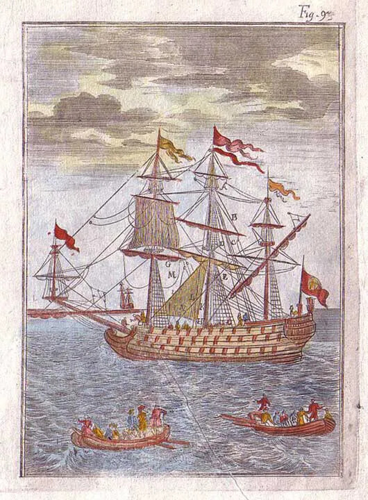 A colored painting of a ship with three tall masts, which are topped with multi-colored flags. In the foreground of the painting are two small row boats, which are filled with several people.