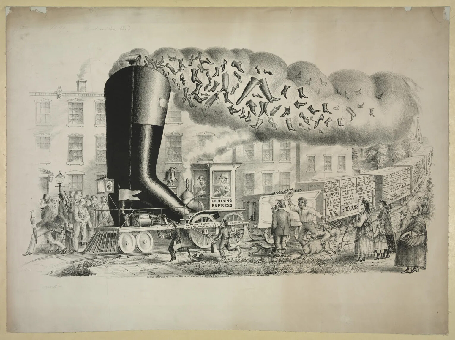 A black and white drawing of a train engine designed to look like a giant boot. The engine pulls several carts of shoe boxes. The engine has smoke and individual shoes coming out of the top of it.