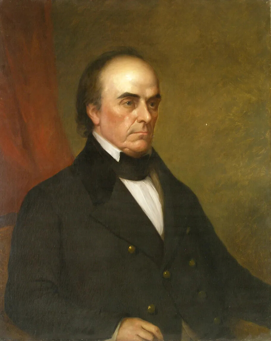 A colored painting of a white man with brown hair seen from the waist up. He wears a white shirt underneath a black coat with brass-colored buttons and a black necktie.