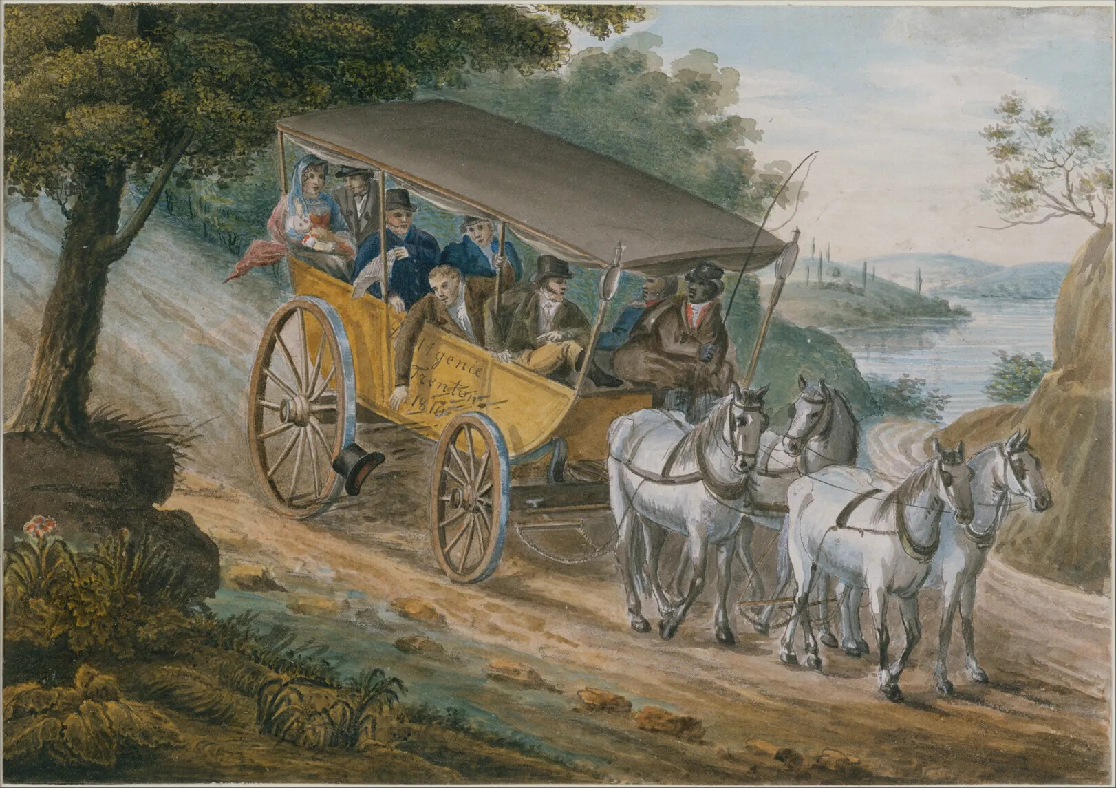 A colored painting of a carriage filled with people being drawn by four horses down a hill on a dirt path. To the right of the path is a curvy path that leads to a body of water.  The carriage carries seven men and one woman. The woman holds a baby in her arms. One of the men has dropped his hat out of the carriage's window and he reaches out the side of the carriage to try and catch it.