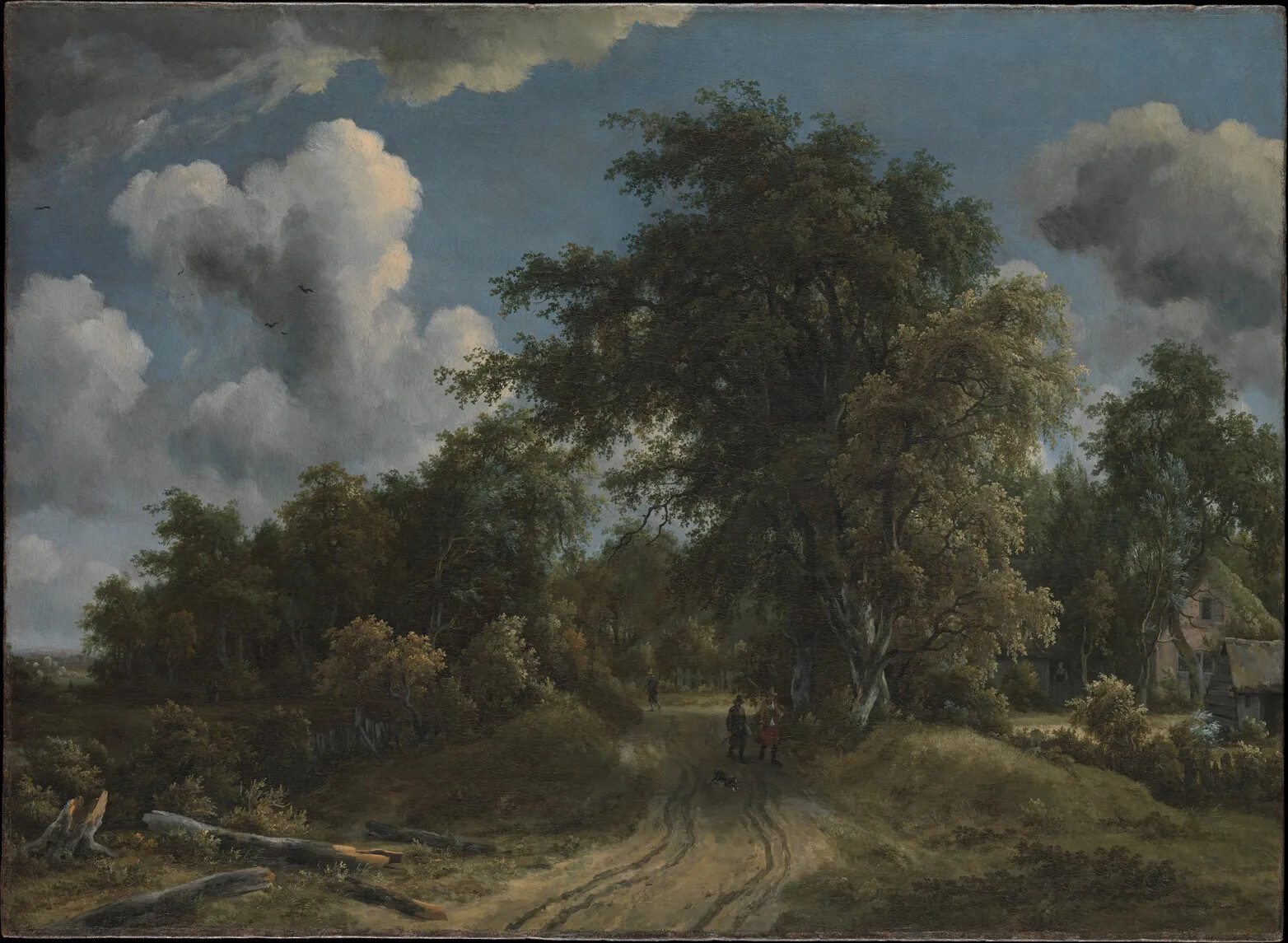 A colored painting of a dirt path through a wooded area. An open field sits to the left of the path and a small cottage sits to the path's right. Two people and a dog walk along the dirt path, towards the viewer. There is also another person on the path in the distance, walking away from the viewer.