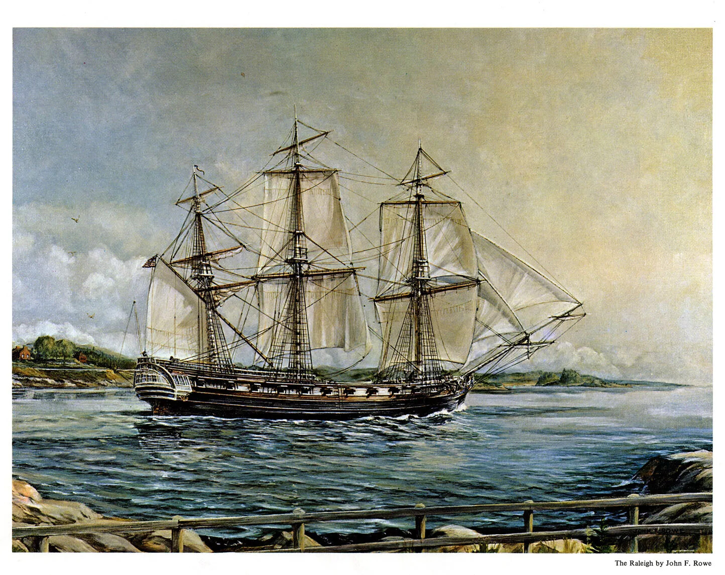A colored painting of a large ship with three masts and seven open sails sailing on a body of water.