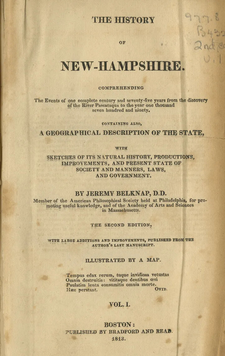 A vertical document with several lines of typed text in black ink on light brown paper. The title of the document, located along the upper border, reads "THE HISTORY/OF/NEW-HAMPSHIRE."