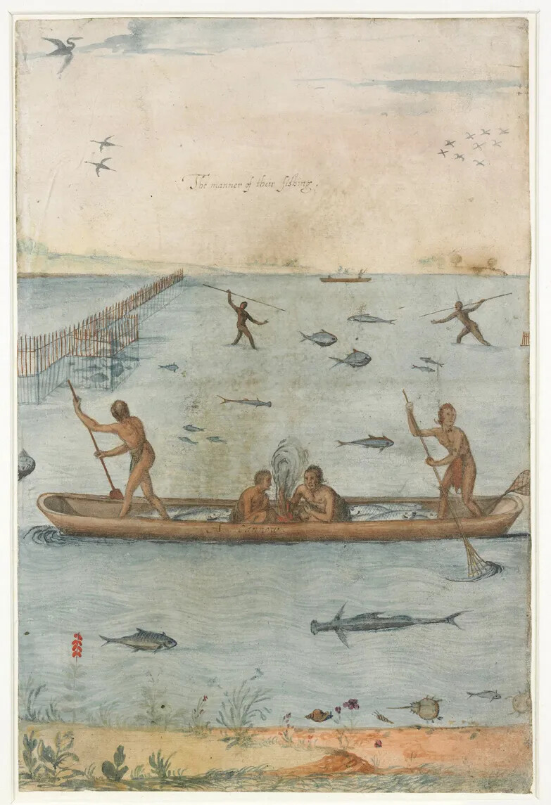A colored painting of a group of men in a large canoe. Two of the men sit in front of a fire that has been built in the center of the boat, and two men stand in the boat with oars. Behind the canoe are two men standing in the water with spears held above their heads. All of the men wear pieces of cloth over the lower halves of their bodies. In the water, there are fish of different sizes. On the left side of the painting, a set of wooden fencing sits in the water, in which a few fish have been caught.