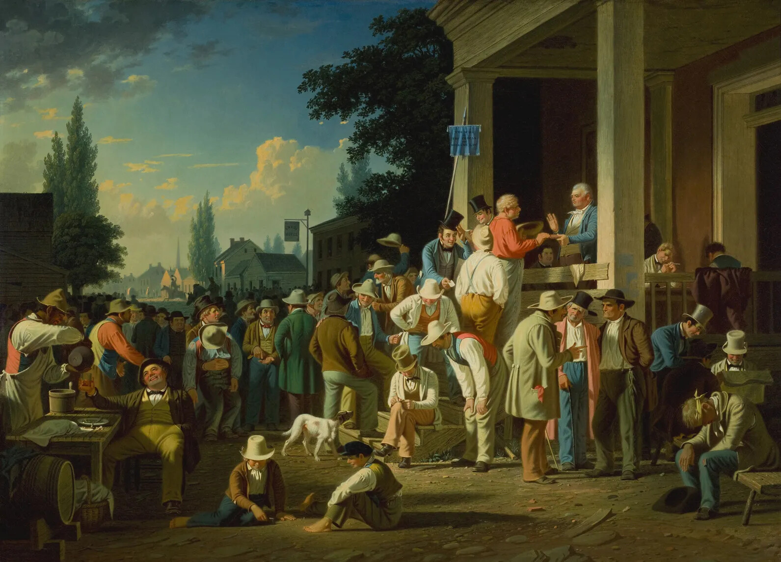 A colored painting of a group of white men talking to one another in small groups. They all stand in the middle of the street, in front of a multi-storied building with a large covered porch.